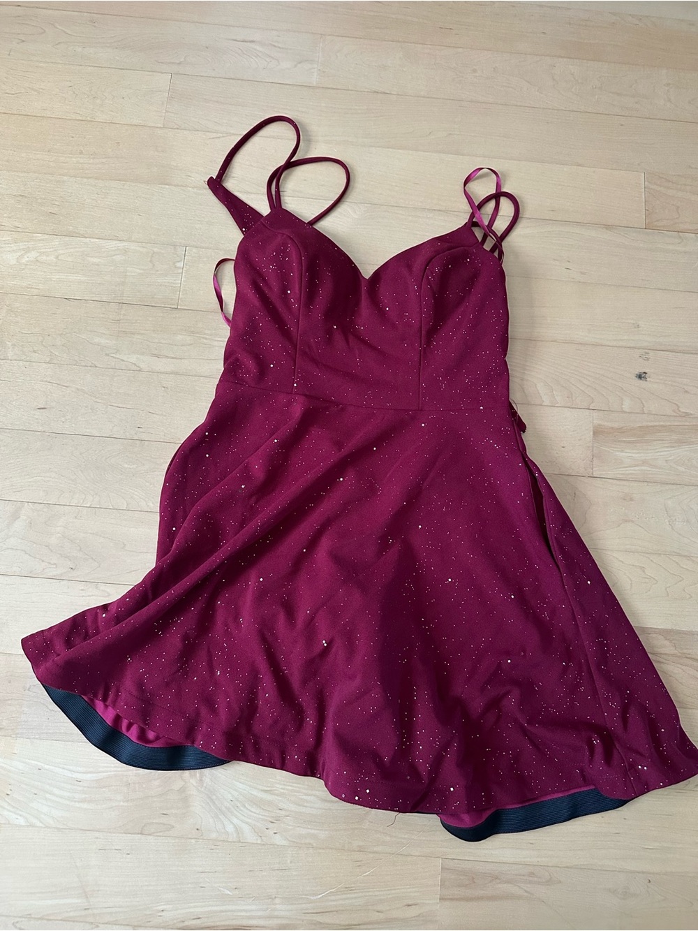 City Studio Burgundy Double-Strap Sparkle Mini Dress